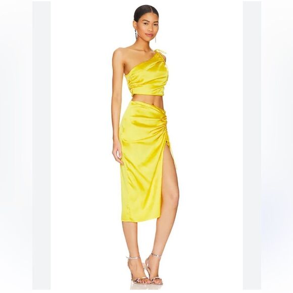 Superdown kristy ruched skirt set Yellow Dress satin two piece top Revolve XS - Picture 2 of 11